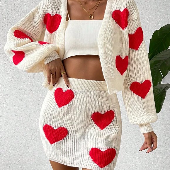 White Casual Womens Heart Pattern Drop Shoulder Duster Cardigan & Knit Skirt - Picture 2 of 5